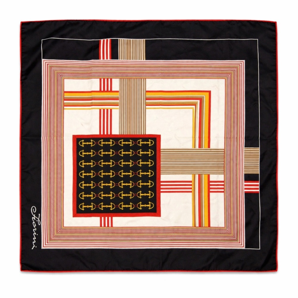Fiorini Equestrian Silk Scarf | Luxe Geometric Chain Print Black Red Gold